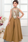 Brown & Gold Peacock Embroidered Palazzo Set with Dupatta For Girls