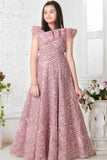 Royal Pink Sequined Partywear Gown For Girls