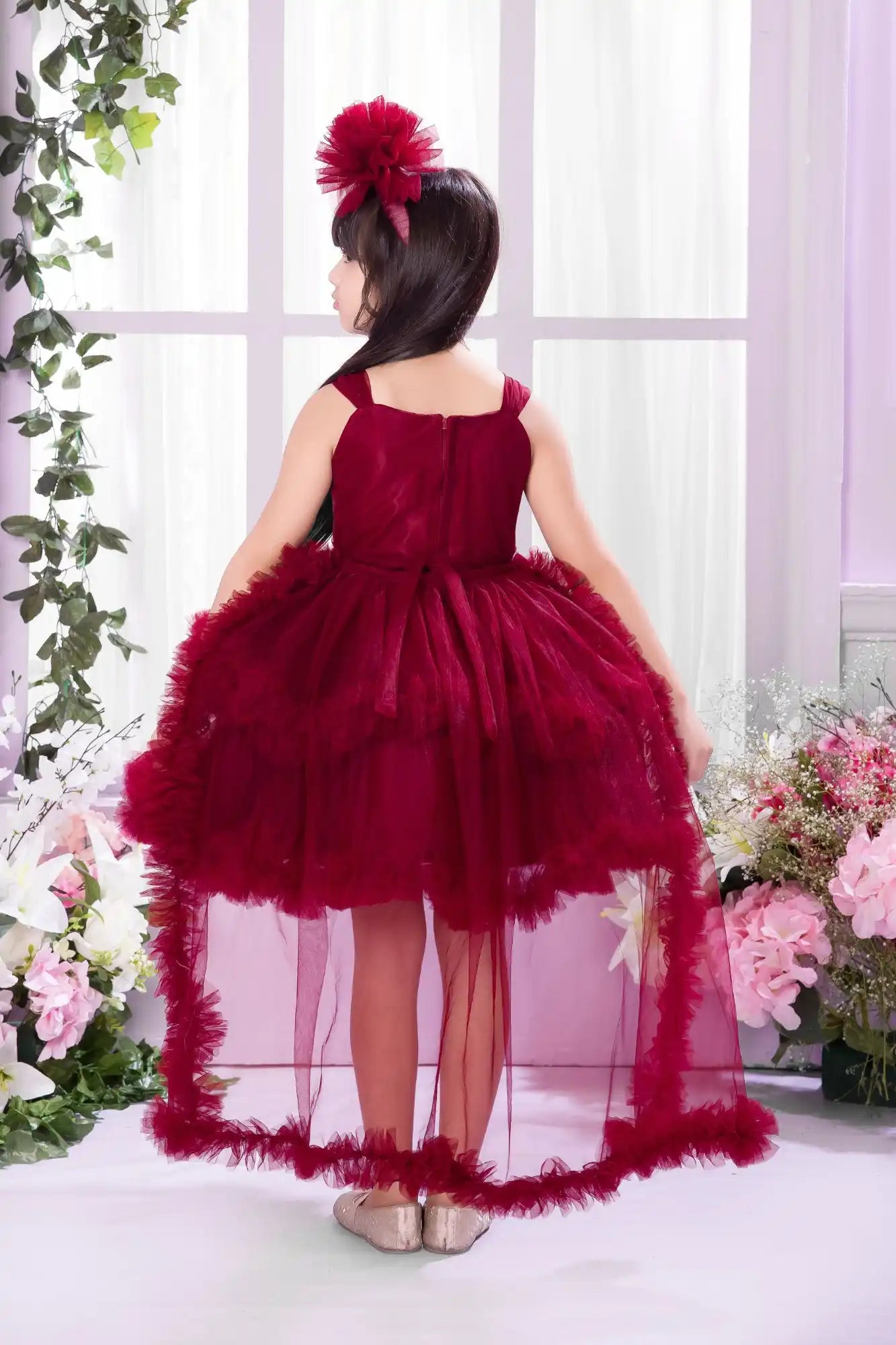 Maroon Party Frock with Sequin Bodice And Ruffle Layers For Girls
