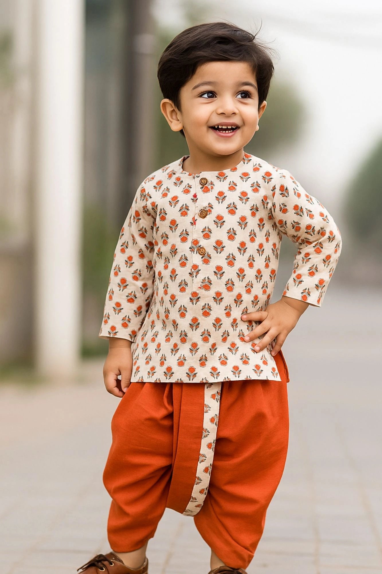 Rust Orange Handblock Printed Kurta with Dhoti Set For Boys