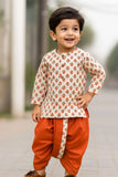 Rust Orange Handblock Printed Kurta with Dhoti Set For Boys