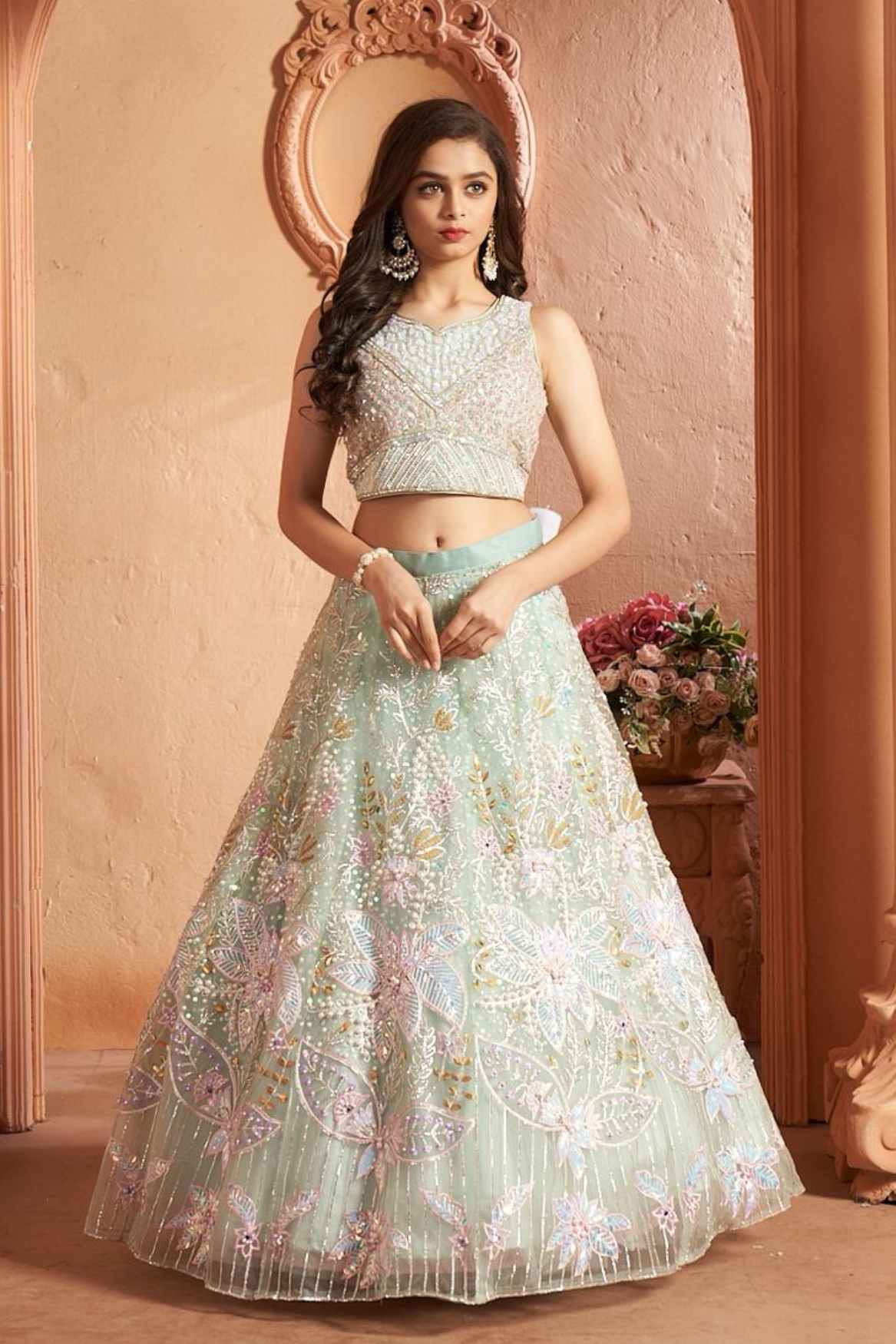 Designer Pastel Green Sequins Embroidered And Stone Work Lehenga Choli Set For Girls