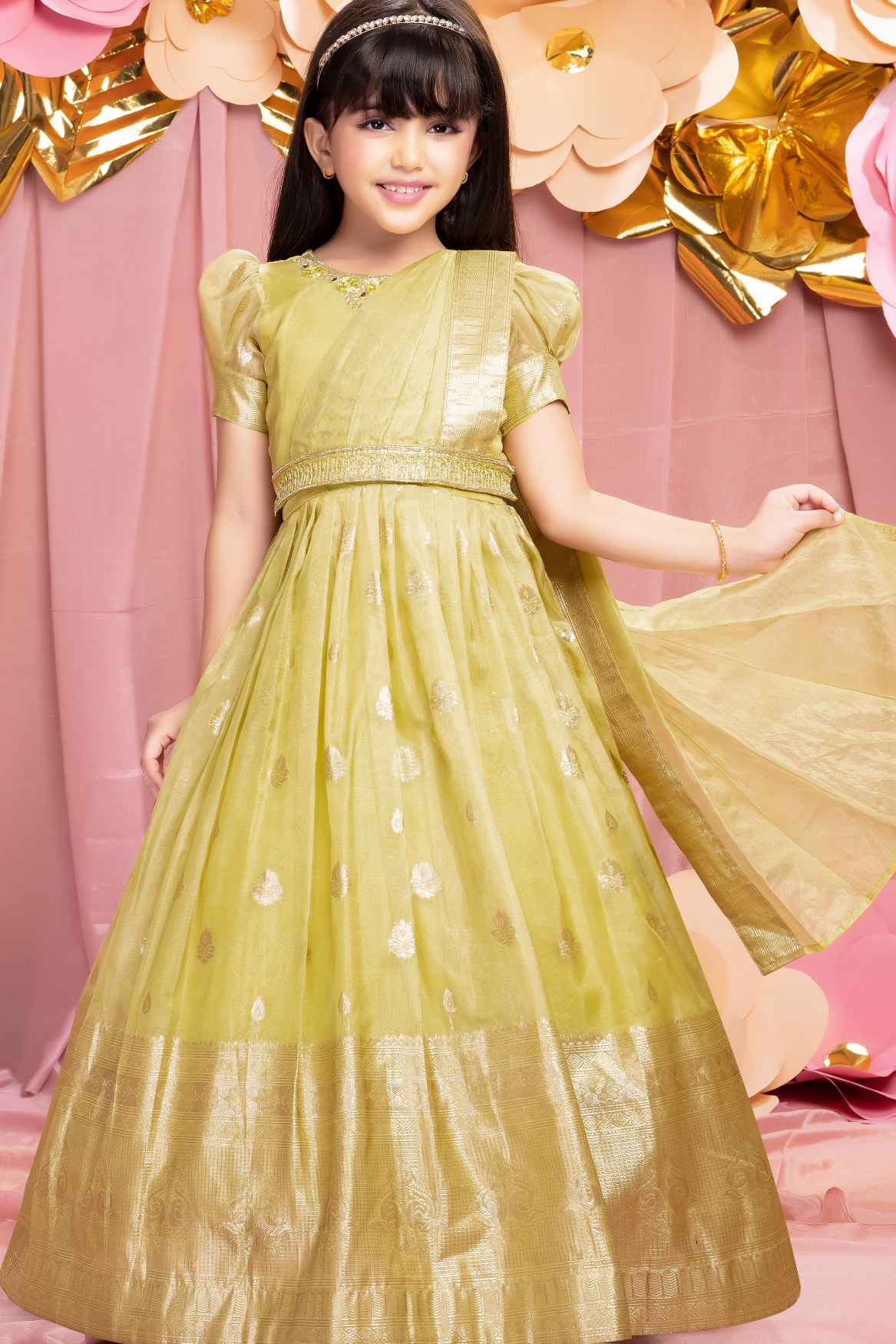 Ethnic Lemon Yellow Brocade Gown With Sequin Embroidery For Girls