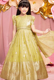 Ethnic Lemon Yellow Brocade Gown With Sequin Embroidery For Girls