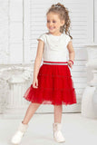 Red Skirt With White Stone Work Top Party Set For Girls