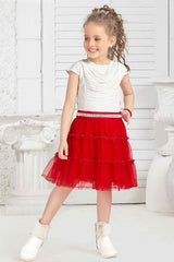 Red Skirt With White Stone Work Top Party Set For Girls