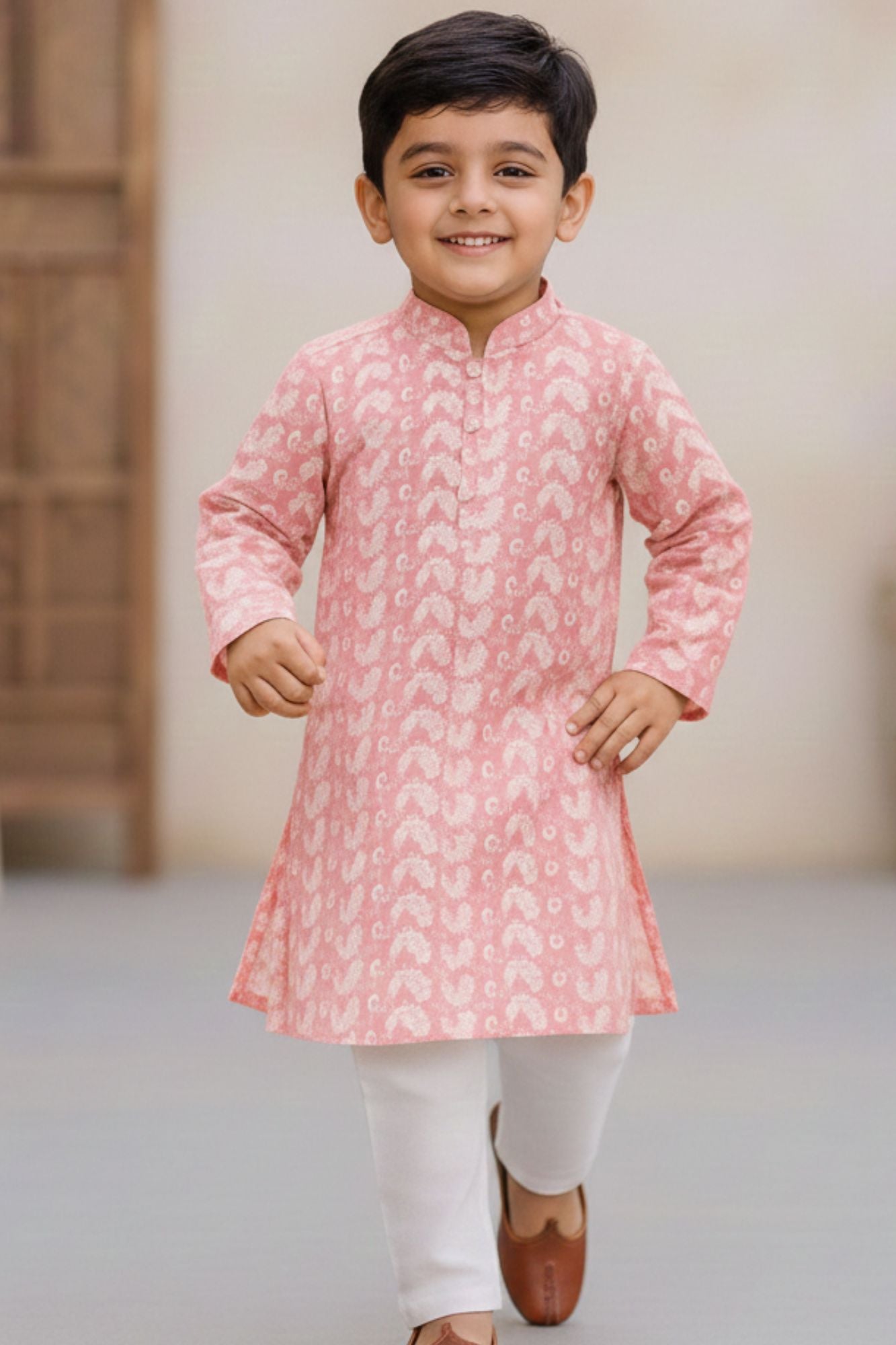 Pink Chikankari Embroidered Kurta with White Pajama Set For Boys