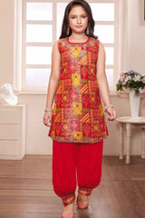 Red Brocade Kurta With Harem Bottom For Girls