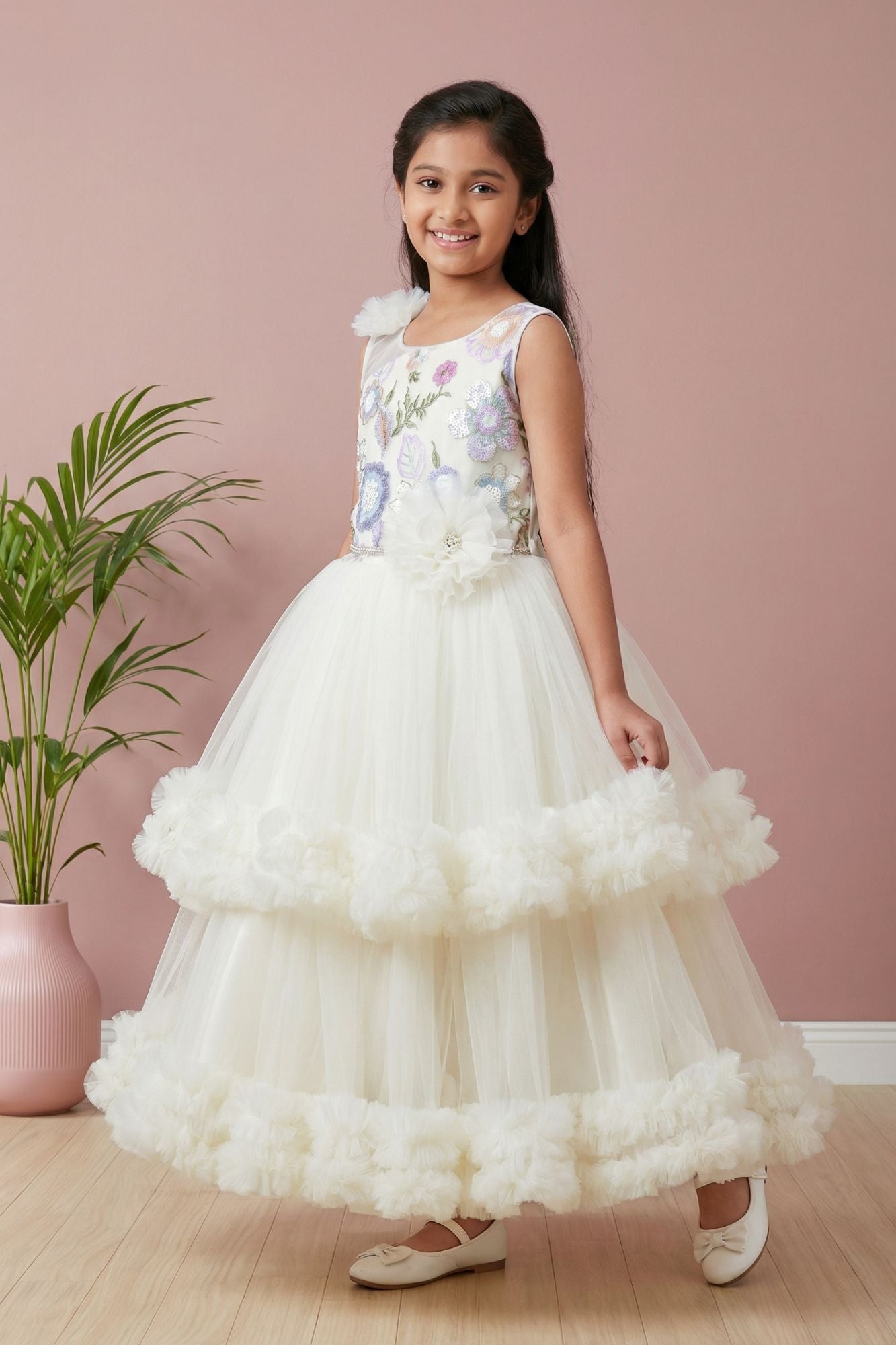 Off-White Floral Embroidered Net Party Gown with Layered Ruffle Hem For Girls