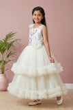 Off-White Floral Embroidered Net Party Gown with Layered Ruffle Hem For Girls