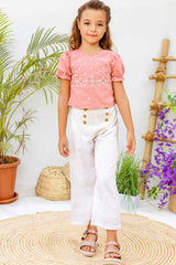 Peach Embroidered Top With White Bottom For Girls