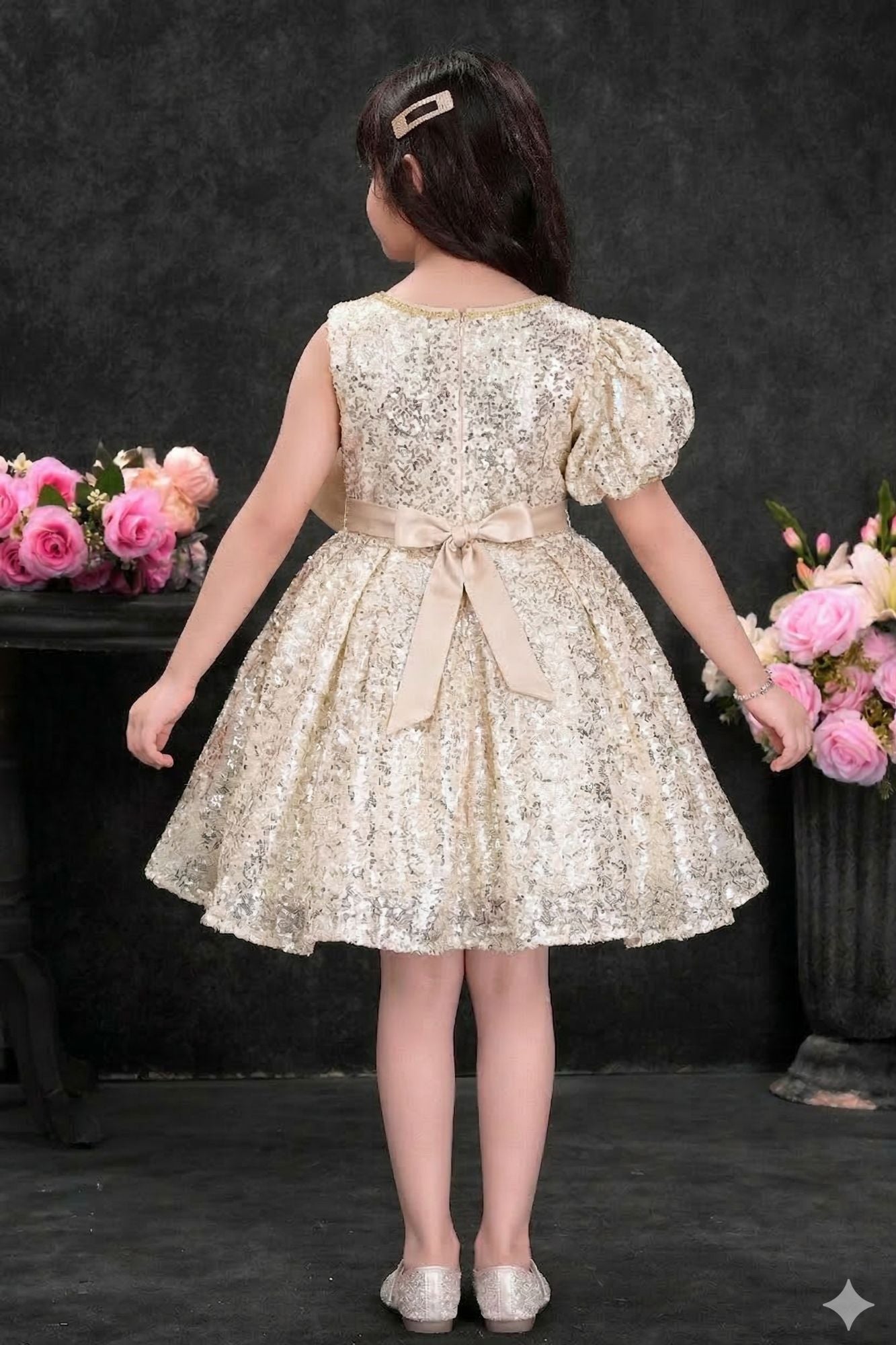 Fawn Sequin Party Wear Frock with Statement Floral Detail For Girls