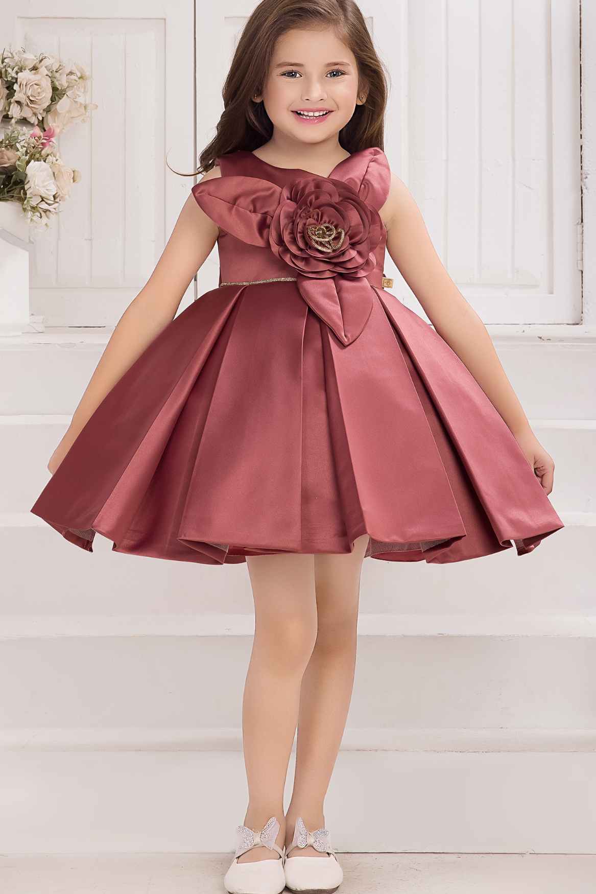 Rust Red Floral Embellished Party Wear Frock For Girls