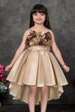 Rosette Bloom Golden High-Low Party Wear Frock For Girls