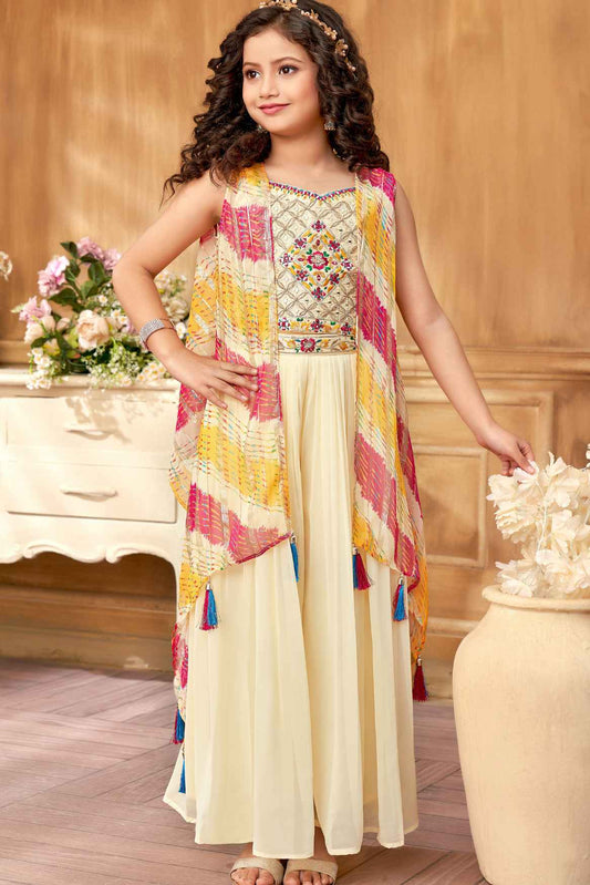 Cream Embroidered And Mirror Work Palazzo Set For Girls