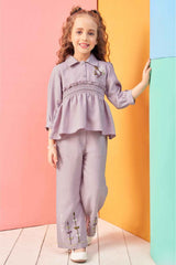 Onion Pink Calf Length Sleeves With Floral Embroidered Top And Pant Co-Ord Set For Girls