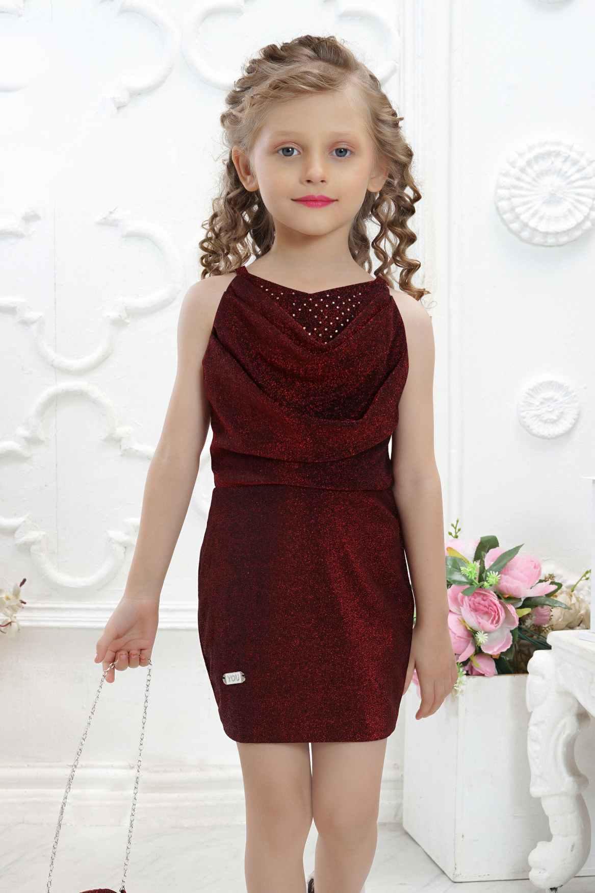 Maroon Sequin Party Wear Dress With Cowl Neck For Girls - Lagorii Kids