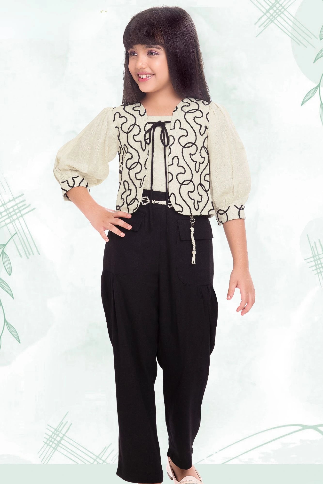 Casual Cream Floral Embroidered Co-ord Set For Girls