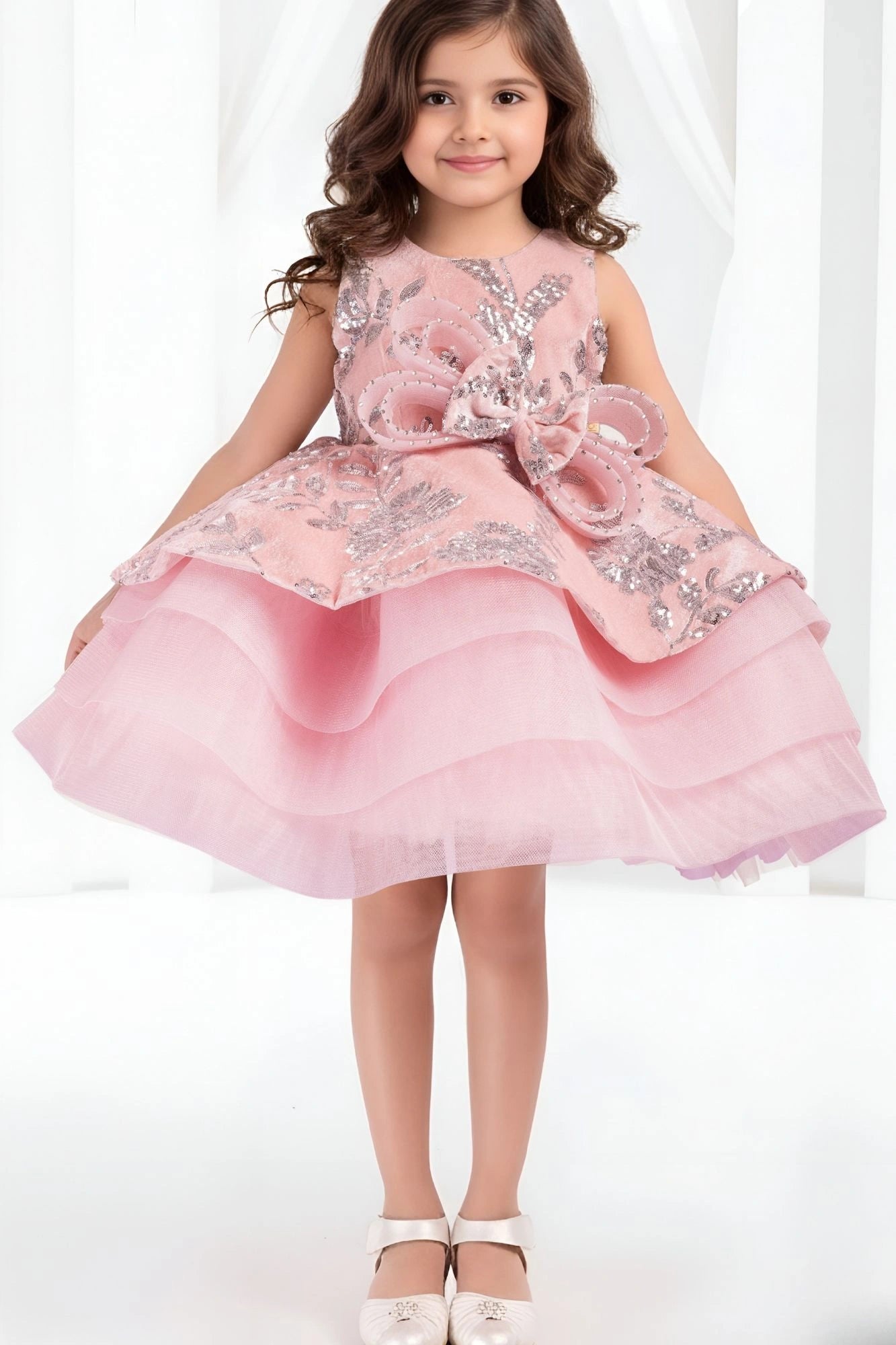 Blush Pink Layered Party Frock with 3D Floral Bow For Girls