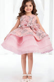 Blush Pink Layered Party Frock with 3D Floral Bow For Girls