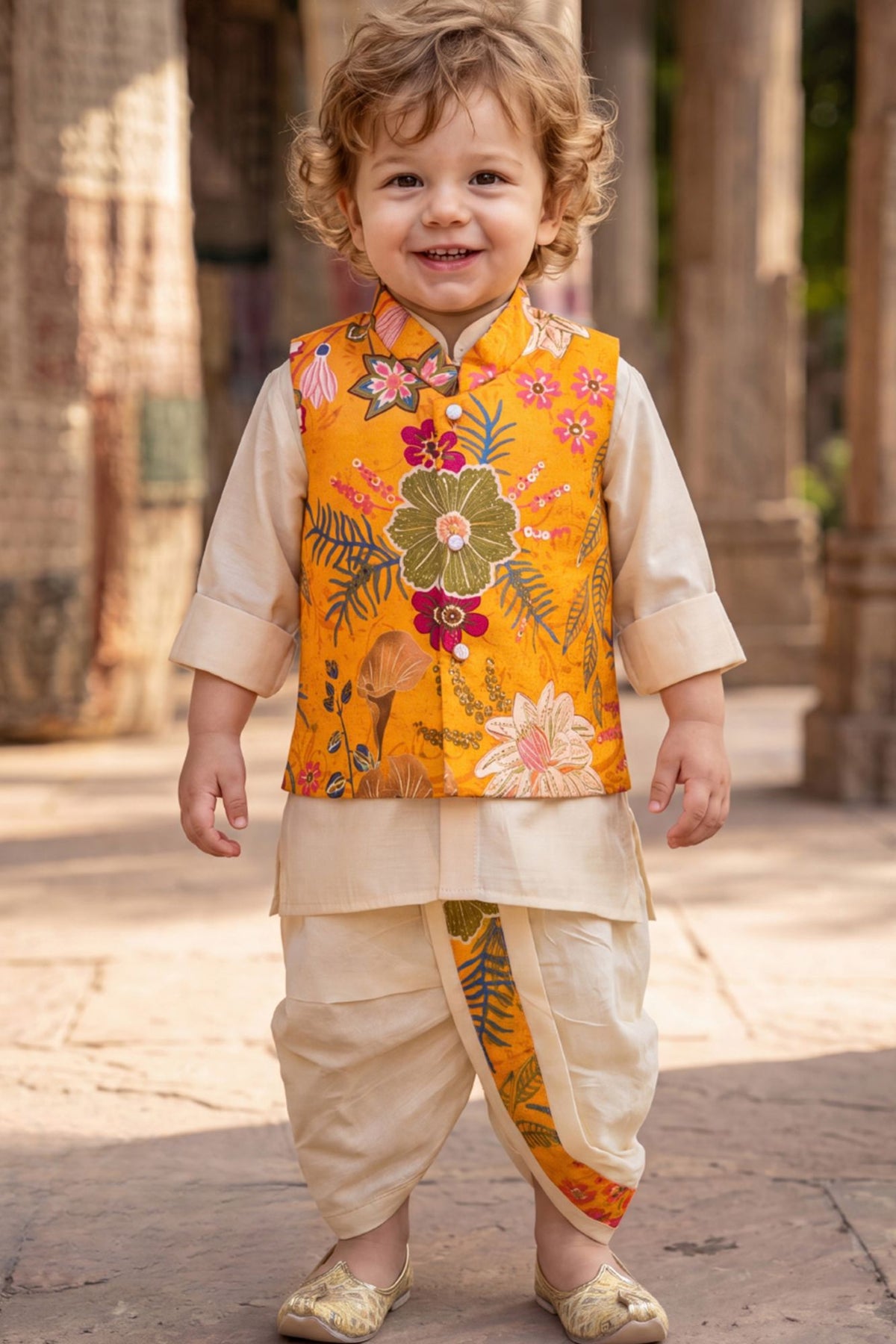 Boys Mustard Floral Printed Jacket Kurta Dhoti Set