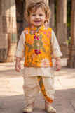 Boys Mustard Floral Printed Jacket Kurta Dhoti Set