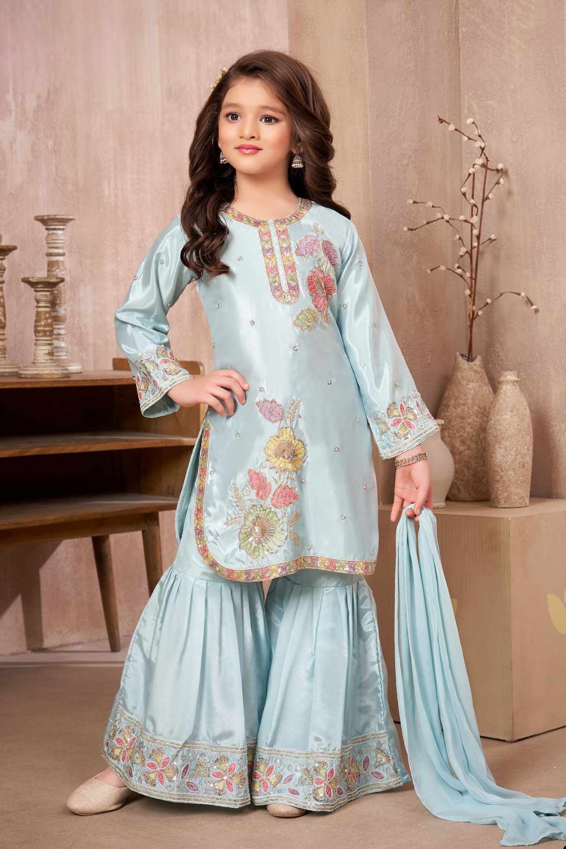 Powder Blue Embroidered Sharara Set with Dupatta for Girls