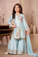 Powder Blue Embroidered Sharara Set with Dupatta for Girls