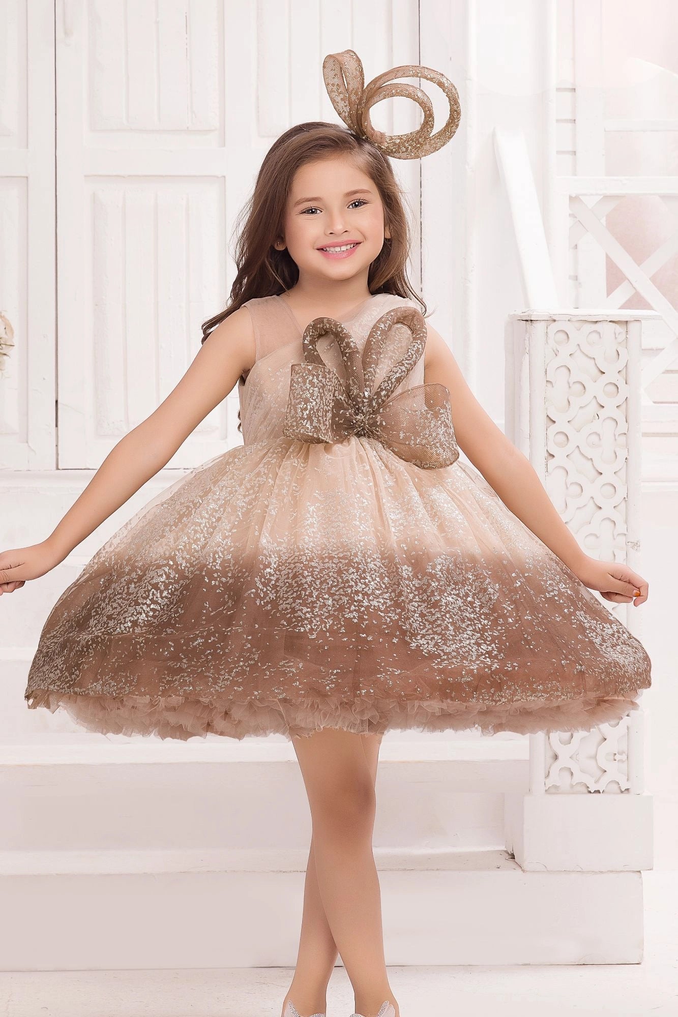 Brown Ombre With Bow Embellishment Party Wear Frock for Girls