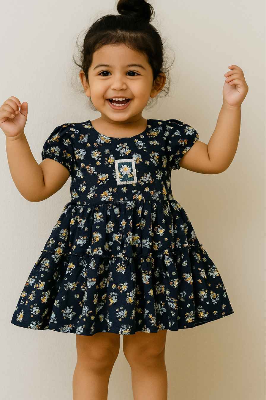 Navy Blue Tiered Floral Dress for Girls