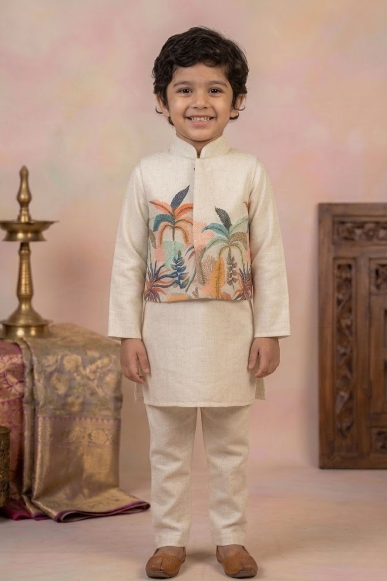 Ivory Kurta Pyjama Set with Tropical Printed Nehru Jacket For Boys
