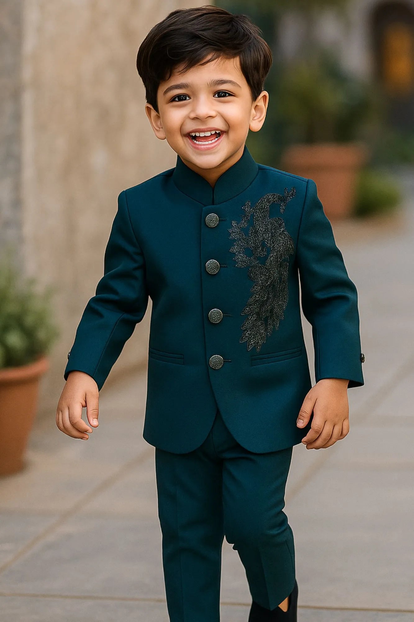 Classic Teal Blue Jodhpuri Suit Set For Boys