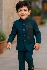Classic Teal Blue Jodhpuri Suit Set For Boys