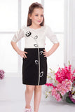 White & Black Contrast Dress with Floral Appliqué For Girls