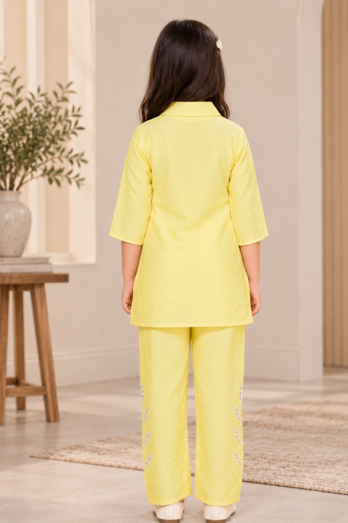 Lemon Yellow Embroidered Casual Co-ord Set for Girls