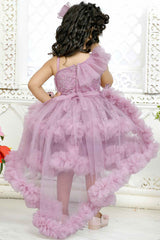 Onion Pink Ruffled Frock With Bow Embellished For Girls