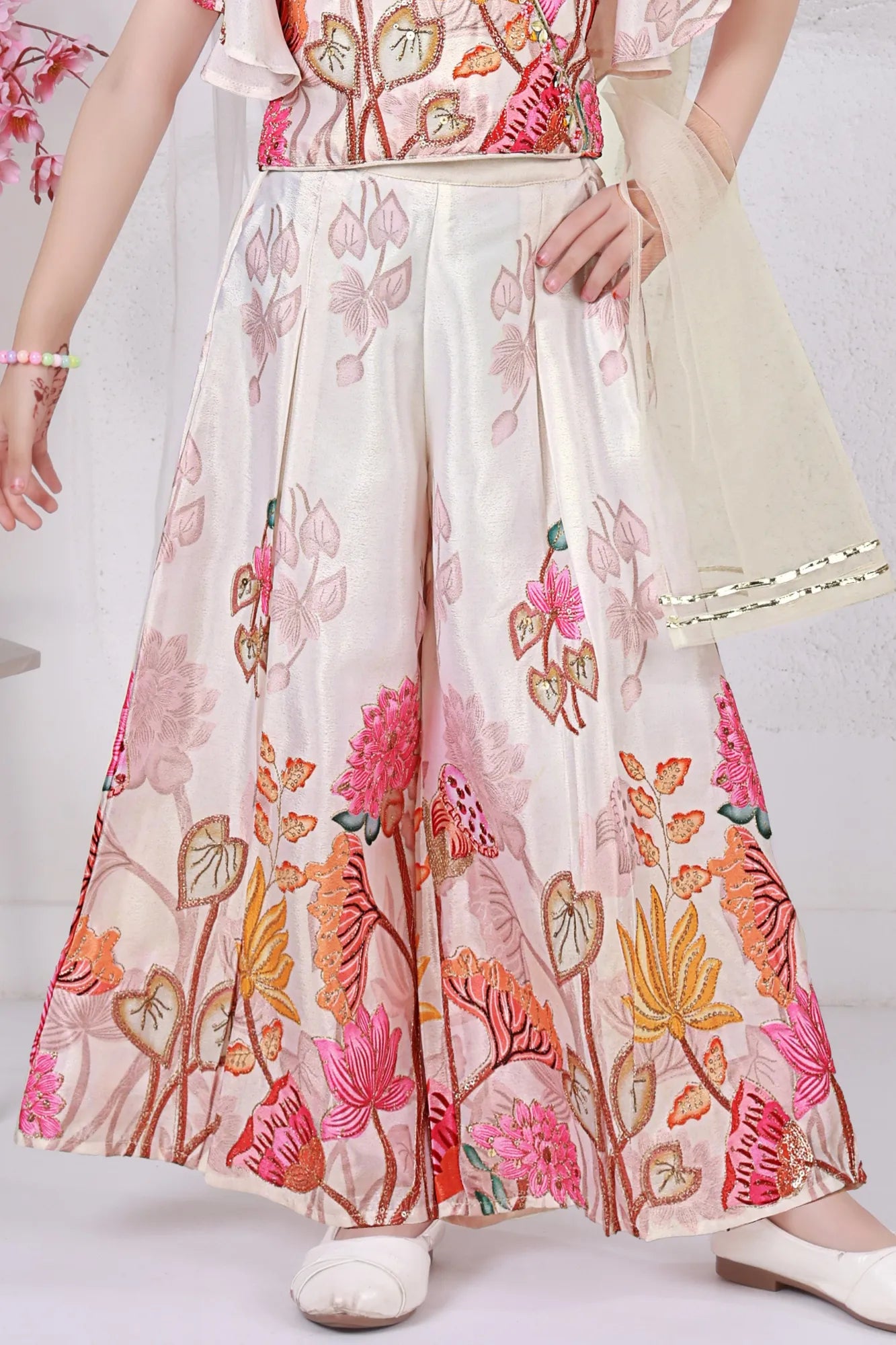Cream Floral Sequins Embroidered Palazzo Set For Girls