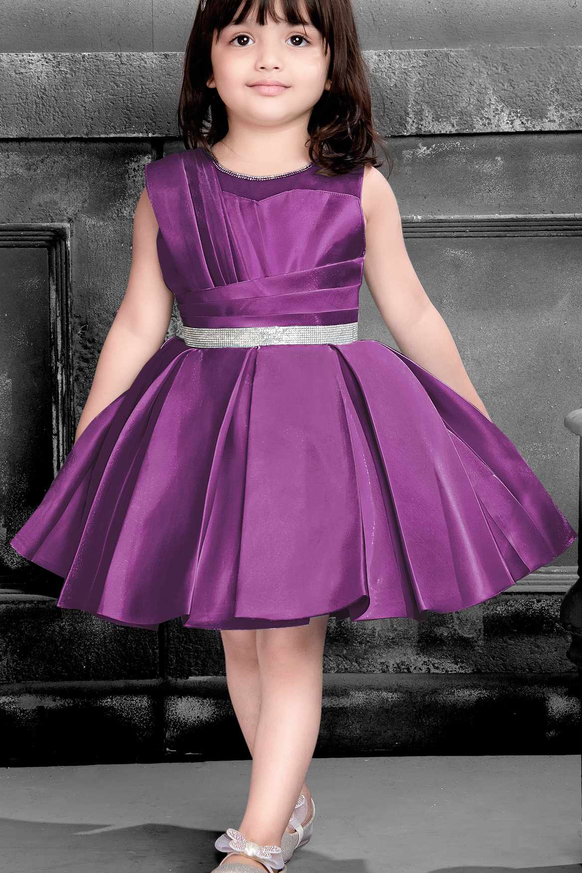 Purple Party Wear Frock with Pleated Skirt For Girls