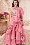 Rose Pink Ruffle Layered Lehenga Choli with Embroidered Ruffled Dupatta For Girls