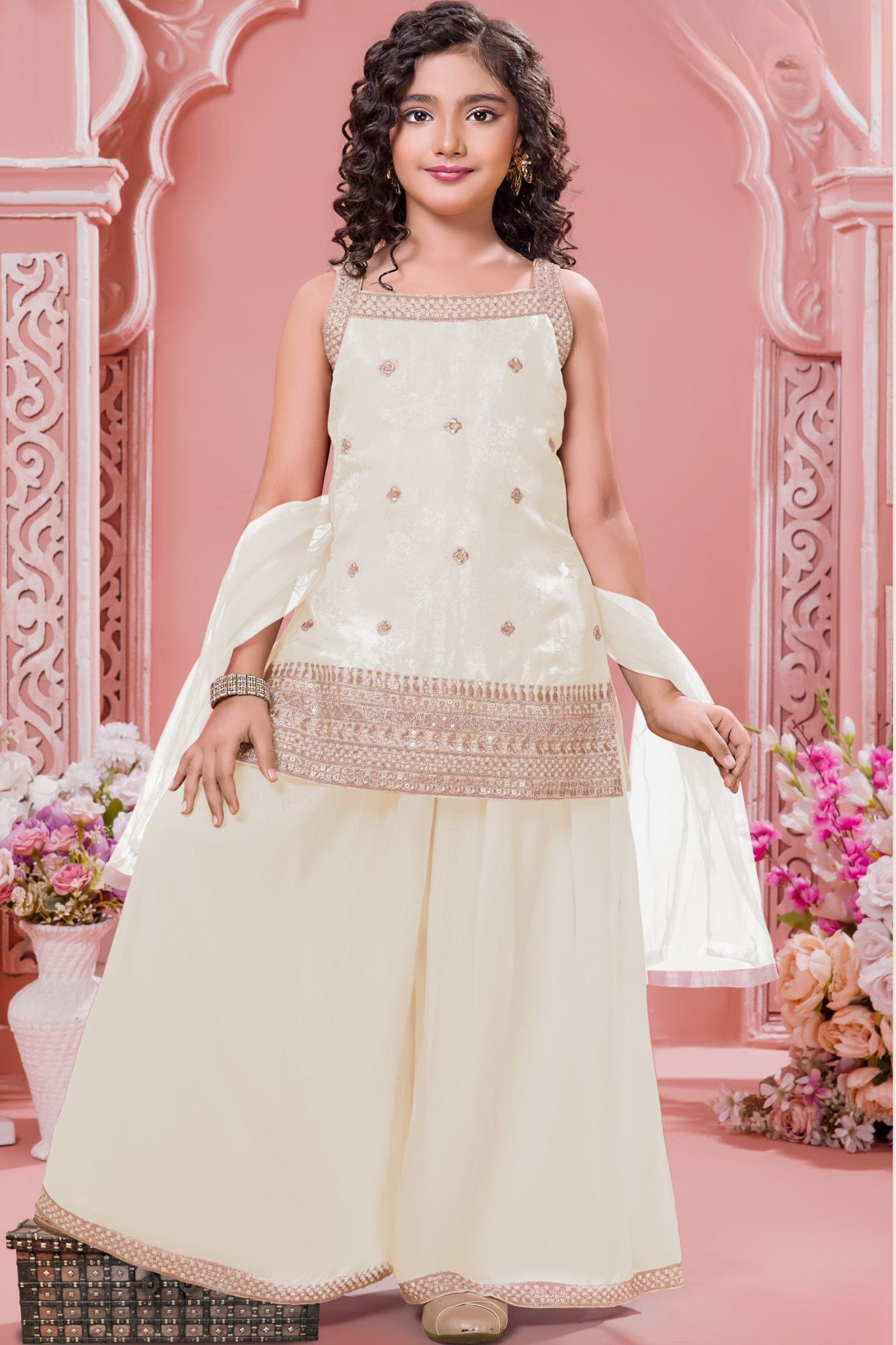 Cream Embroidered Kurti And Palazzo Set for Girls