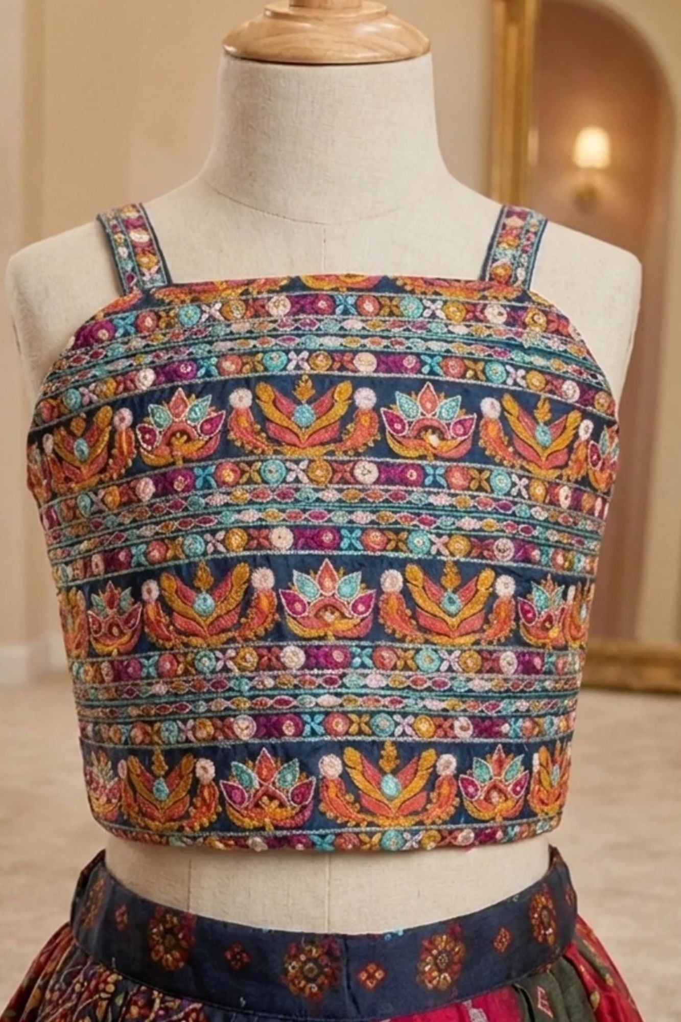 Multicolor Bandhani Printed And Floral Embroidered Lehenga Choli For Girls