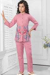 Stylish Pink Embroidered Co ord Set For Girls