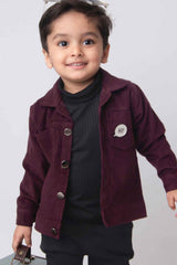 Little Collars Wine Overcoat With Black Tshirt And Pant Set For Boys