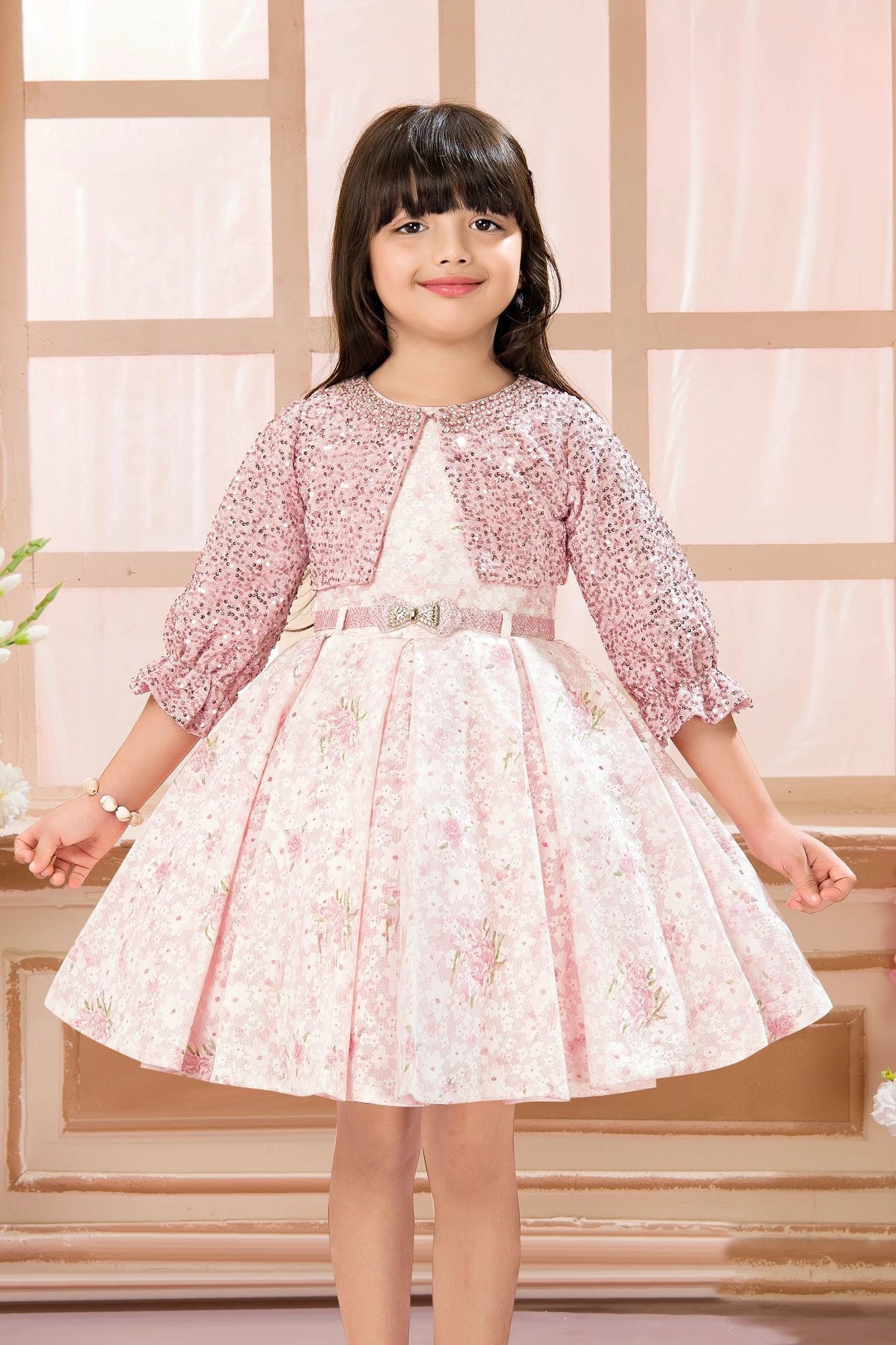 Elegant Pink Floral Printed Frock with Sequin Jacket For Girls