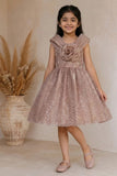 Girls Fawn Party Wear Frock with 3D Floral Bow And Sequin Detailing