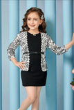 Black Textured Dress with White Printed Jacket & Belted Detail For Girls