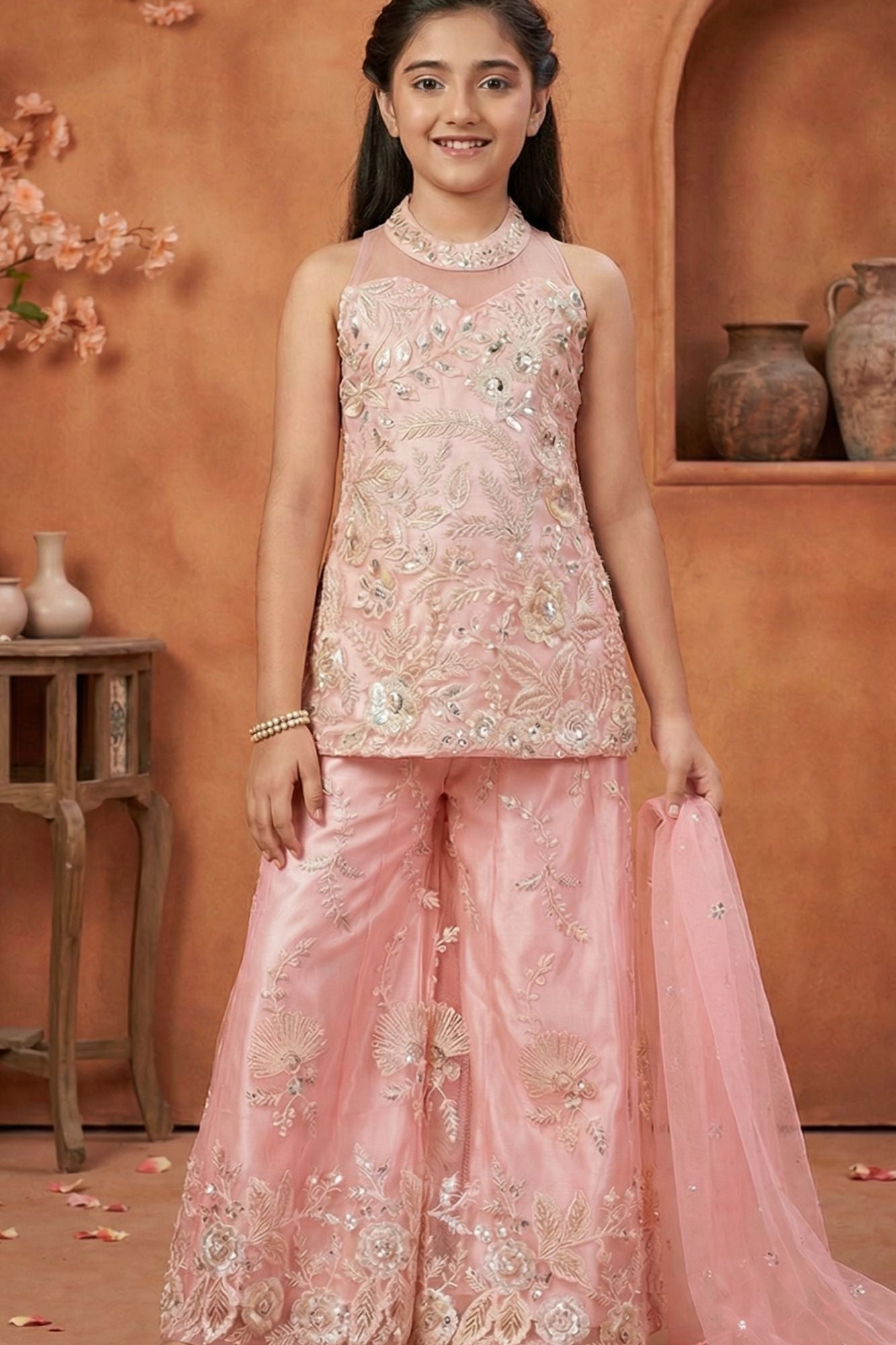 Blush Pink Embroidered Palazzo Set For Girls