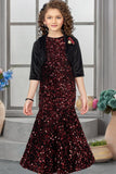 Black and Wine Sequin Mermaid Gown with Shrug For Girls