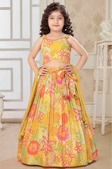 Mustard And Stone Work With Floral Printed Lehenga Choli Set For Girls