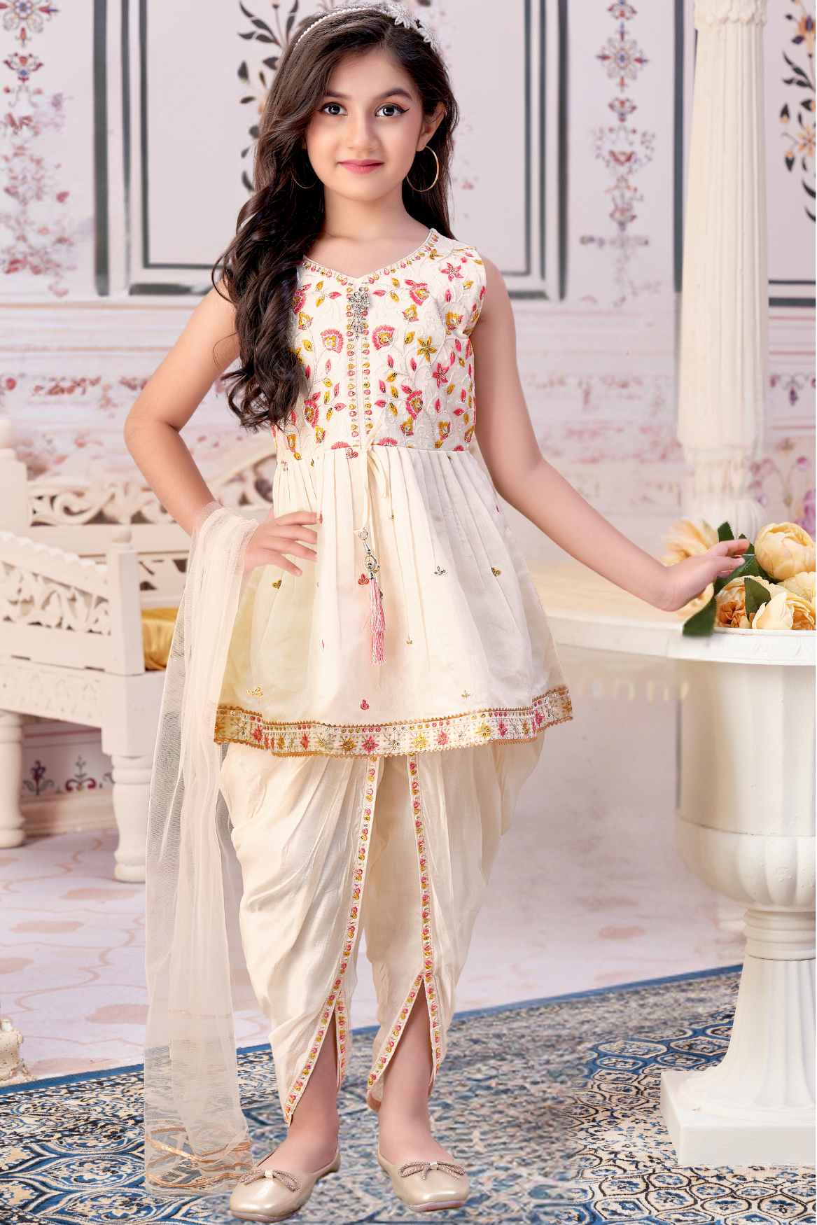 Cream Sleeveless With Sequins Embroidered Dhoti Set For Girls